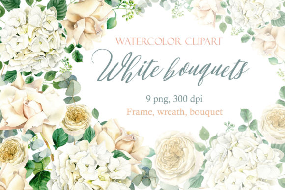 Wedding Frame White Roses, Eucalyptus: Elegant Design Assets